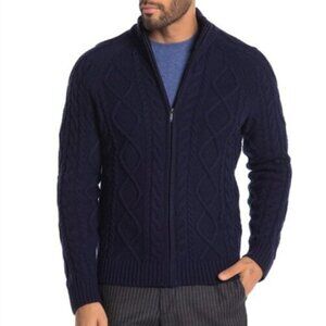 NWT Brooks Brothers Men's Merino Wool Blend Zip Up Cable Knit Sweater Navy XL